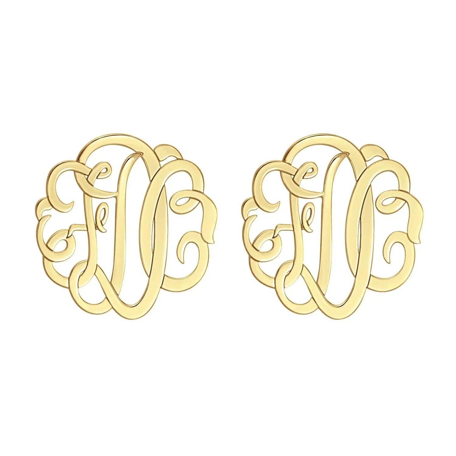 14K Solid Gold Script Monogram Stud Earrings - 3 Sizes