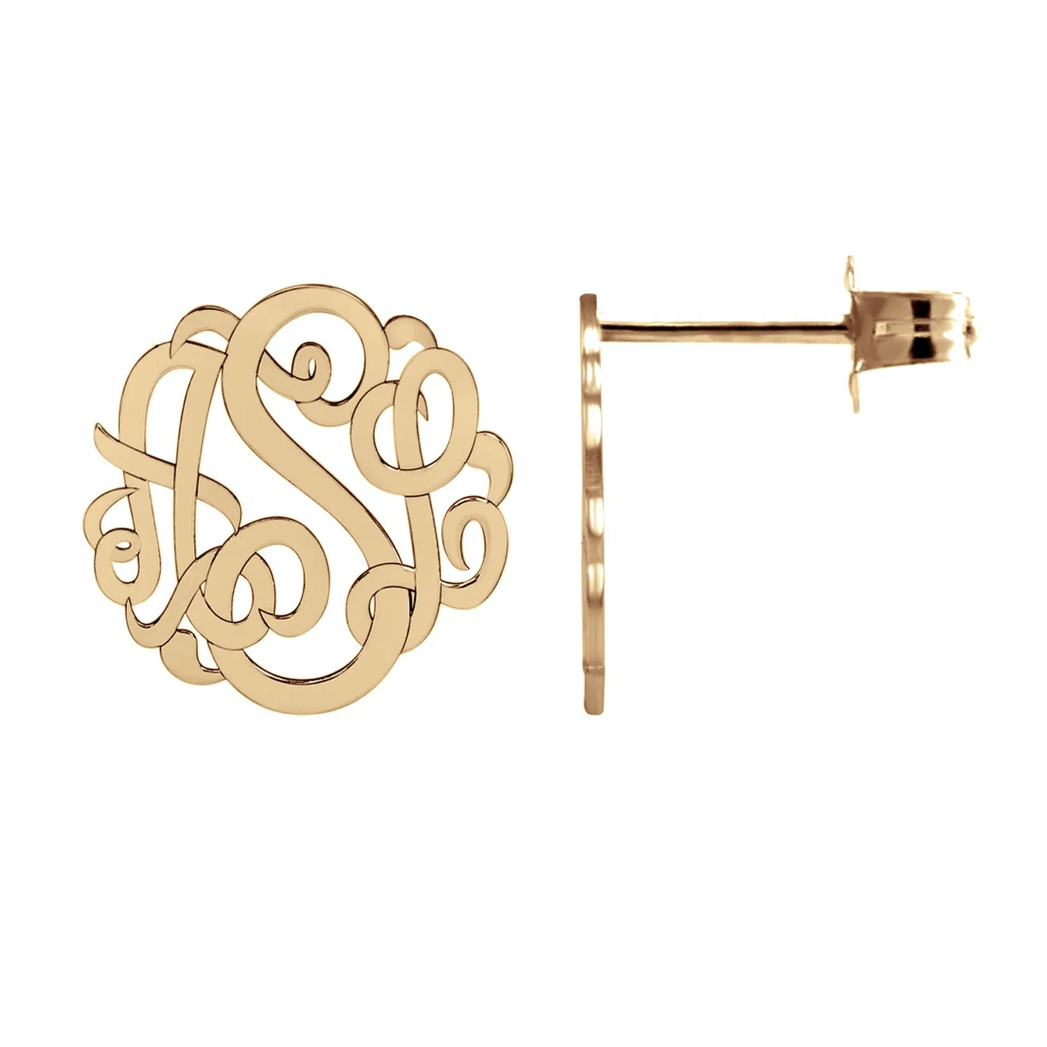 14K Solid Gold Script Monogram Stud Earrings - 3 Sizes