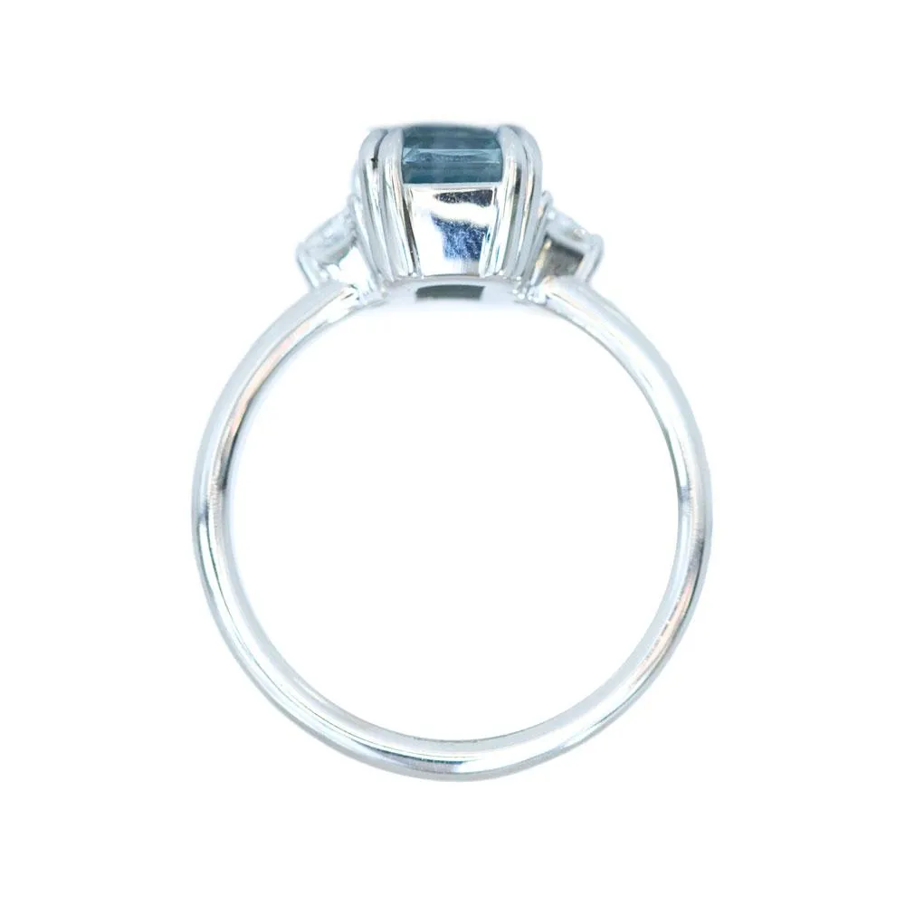 2.30ct Emerald Cut Untreated Montana Sapphire Ring with Trillion Side Diamonds in 14k White Gold