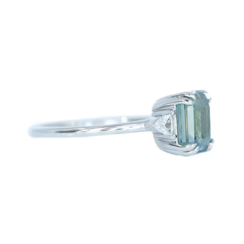 2.30ct Emerald Cut Untreated Montana Sapphire Ring with Trillion Side Diamonds in 14k White Gold