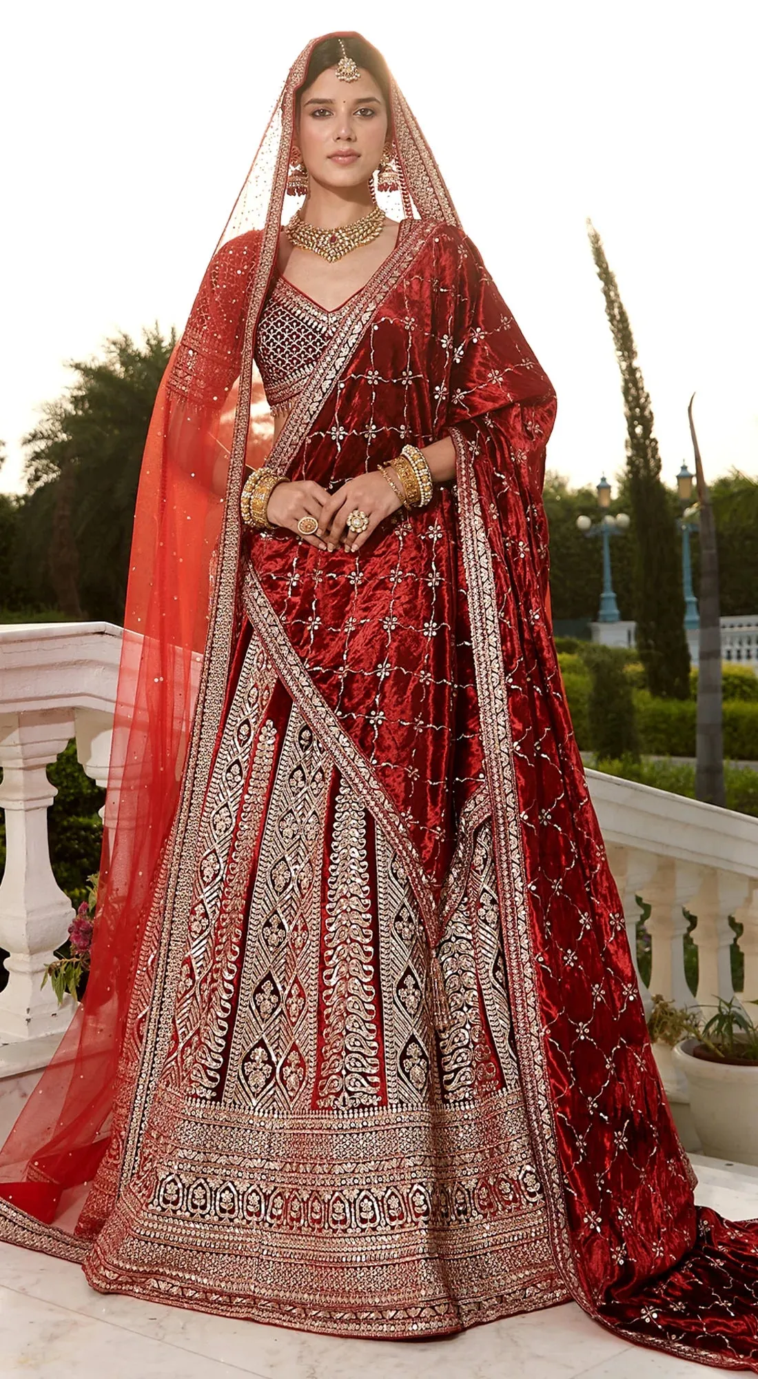 310168 Brick Red Embroidered Designer Lehenga with Double Dupatta