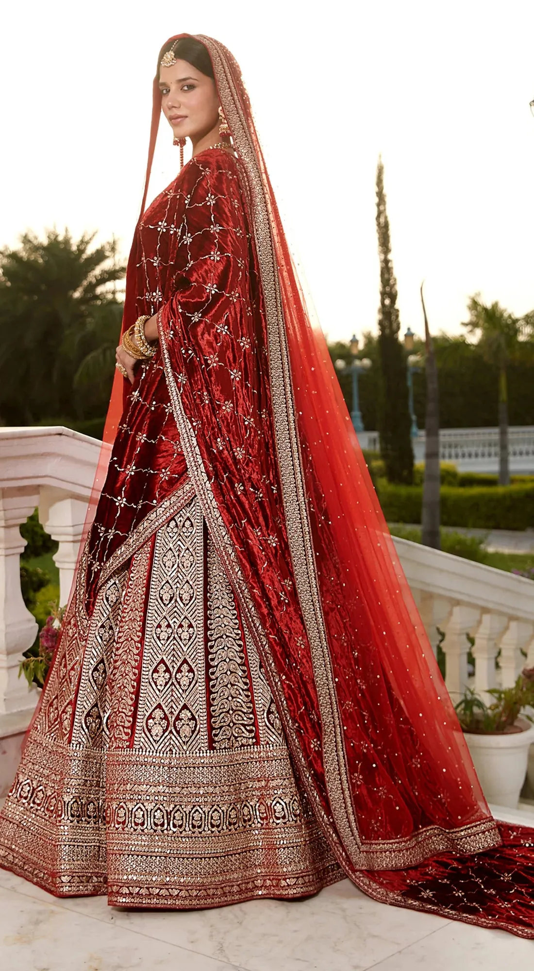 310168 Brick Red Embroidered Designer Lehenga with Double Dupatta