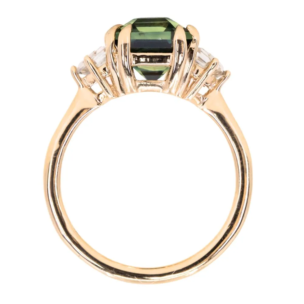 4.14ct Emerald Cut Parti Sapphire and Cadillac White Sapphire Three Stone Ring in 14k Yellow Gold