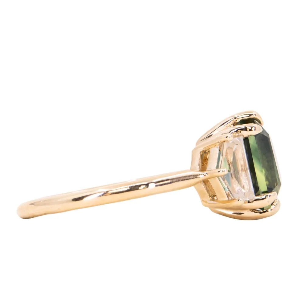 4.14ct Emerald Cut Parti Sapphire and Cadillac White Sapphire Three Stone Ring in 14k Yellow Gold