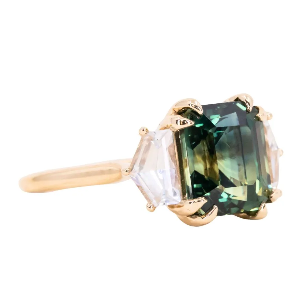 4.14ct Emerald Cut Parti Sapphire and Cadillac White Sapphire Three Stone Ring in 14k Yellow Gold