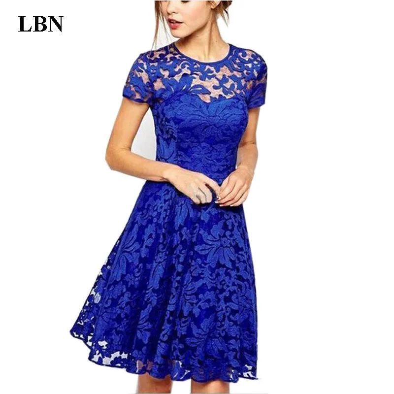 5XL Plus Size Dress Fashion Women Elegant Sweet Hallow Out Lace Dress   Party Princess Slim Summer Dresses Vestidos Red Blue