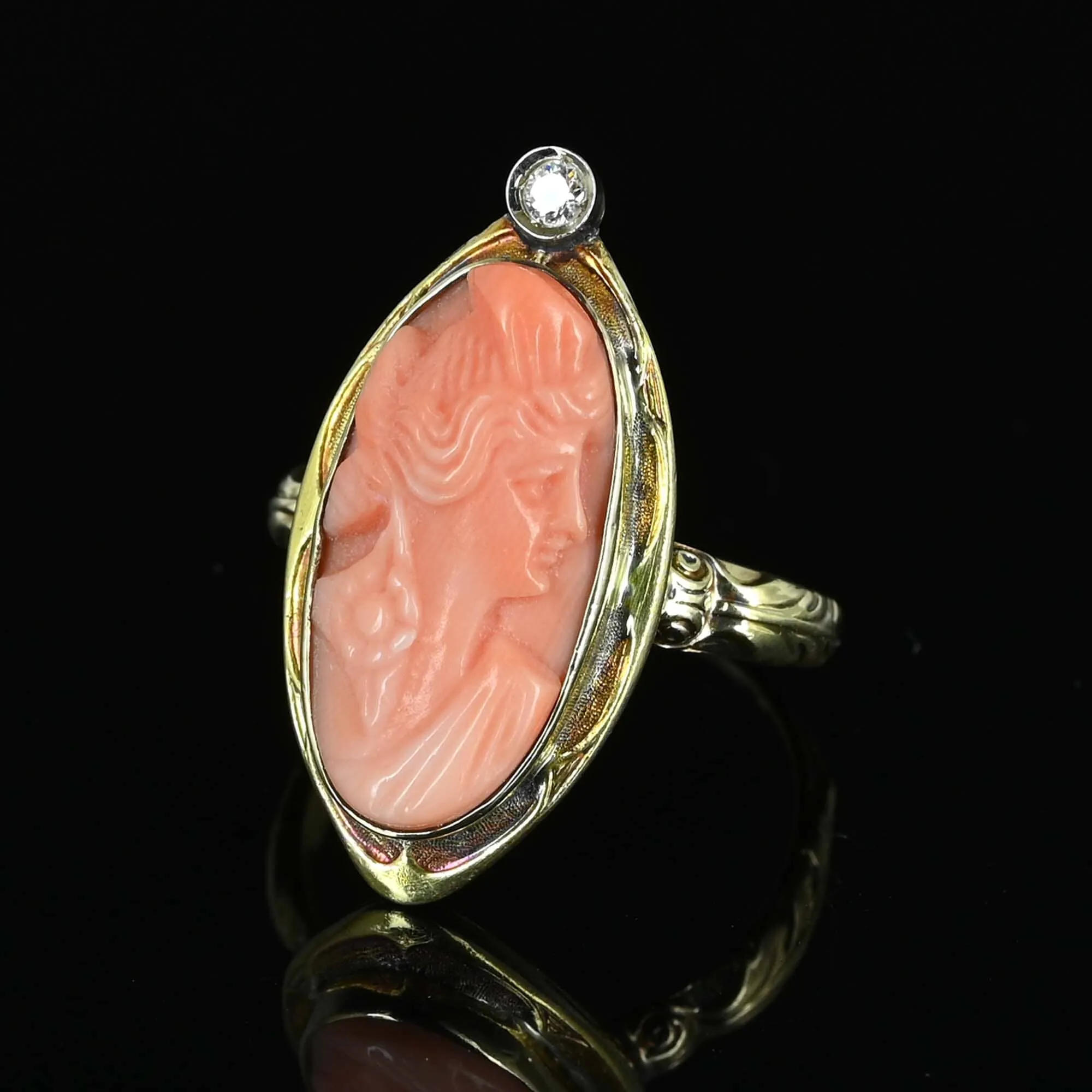 Antique Edwardian Diamond Coral Cameo Ring