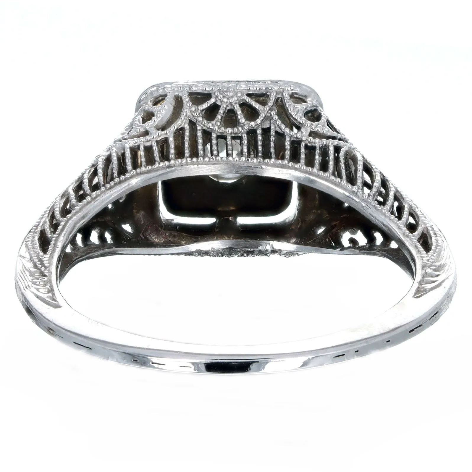 Art Deco 18K White Gold 0.10 Carat Old European Diamond Filigree Engagement Ring