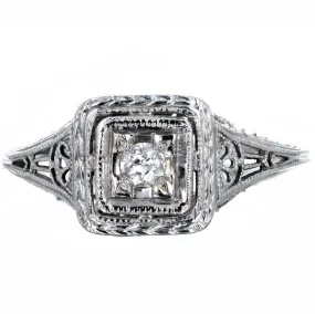 Art Deco 18K White Gold 0.10 Carat Old European Diamond Filigree Engagement Ring