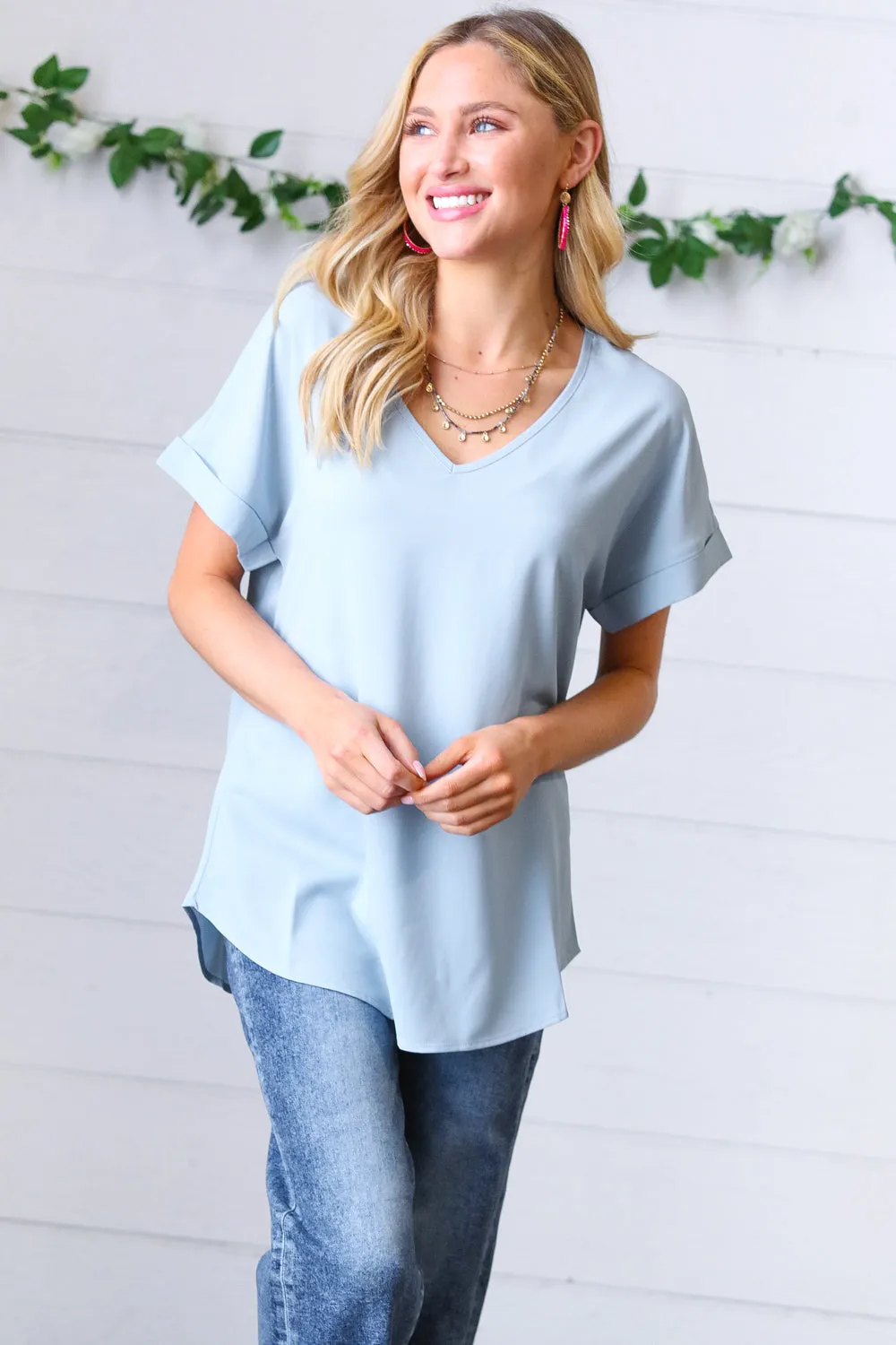 Ash Blue Wool Dobby Rolled Sleeve V Neck Top