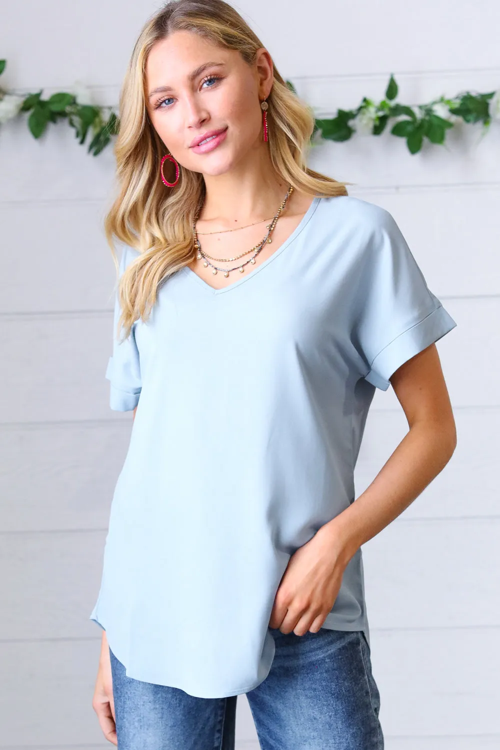 Ash Blue Wool Dobby Rolled Sleeve V Neck Top