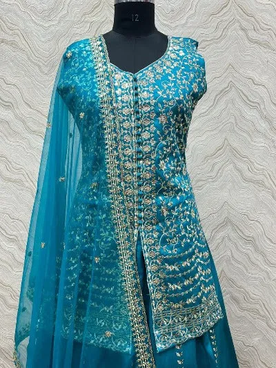 Blue Heavy Mono Silk Embroidered Designer Palazzo Suit Set