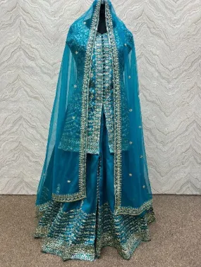 Blue Heavy Mono Silk Embroidered Designer Palazzo Suit Set