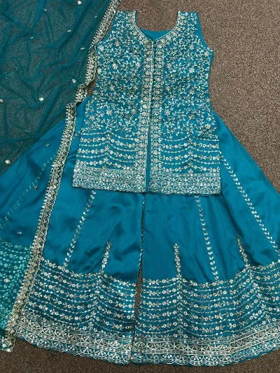 Blue Heavy Mono Silk Embroidered Designer Palazzo Suit Set