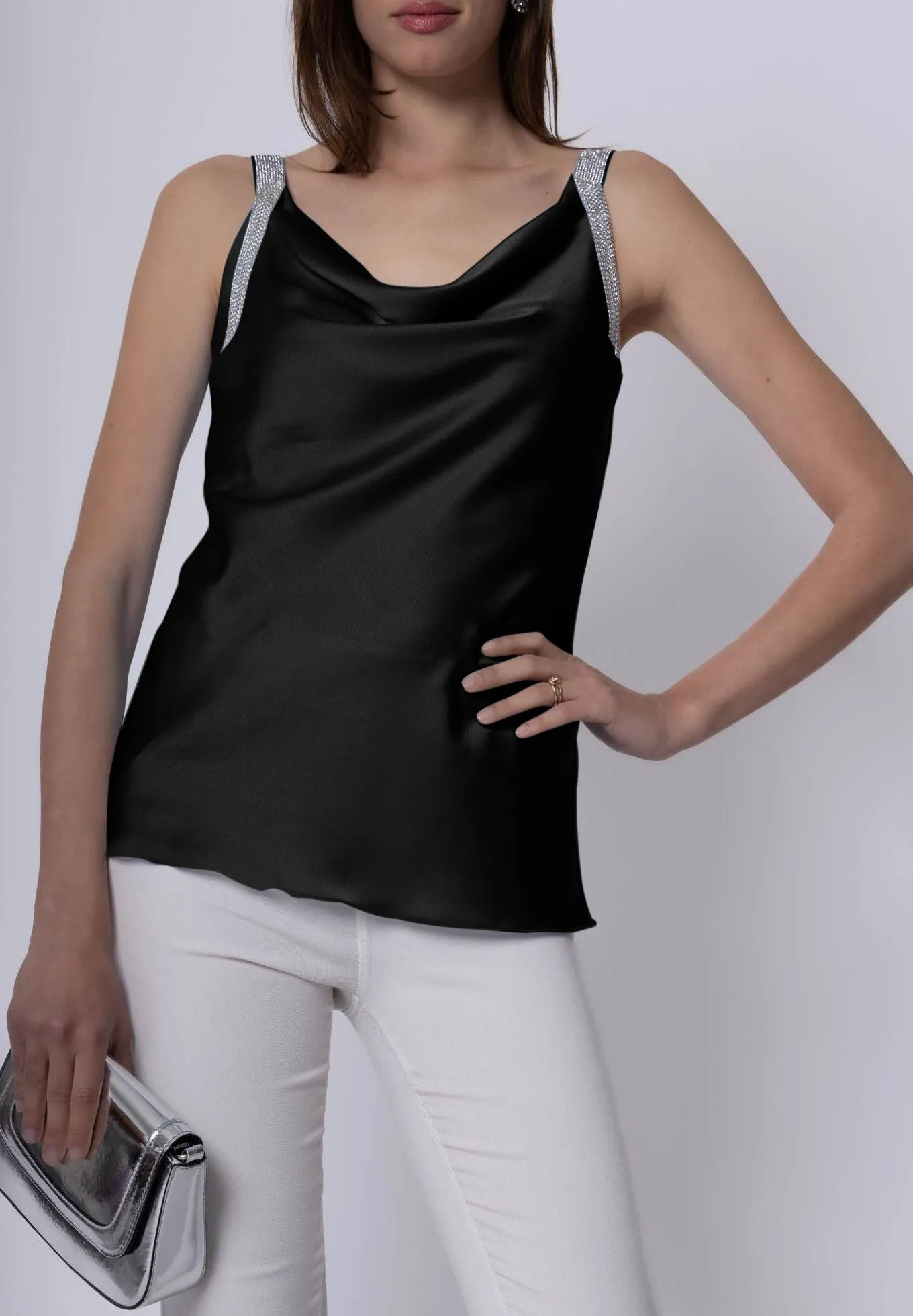 Blusa Donna Canotta Bretelle Scollo Tondo Strass Monocolore Morbida Casual Elegante