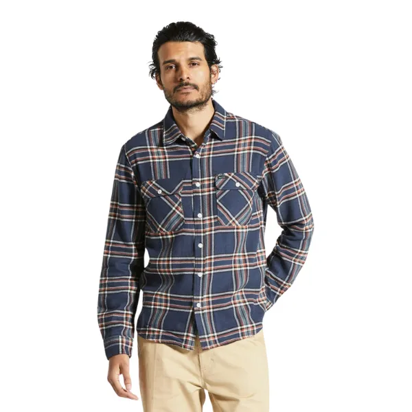 Brixton Bowery L/S Flannel - Washed Navy/Off White/Terracotta