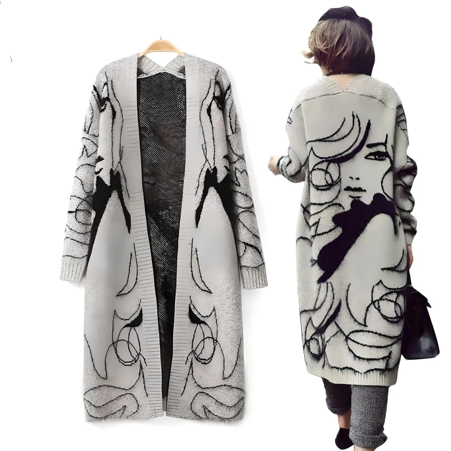 Cardigan Donna Casual Lungo Aperto Ricamo Disegno Manica Lunga Autunno Inverno