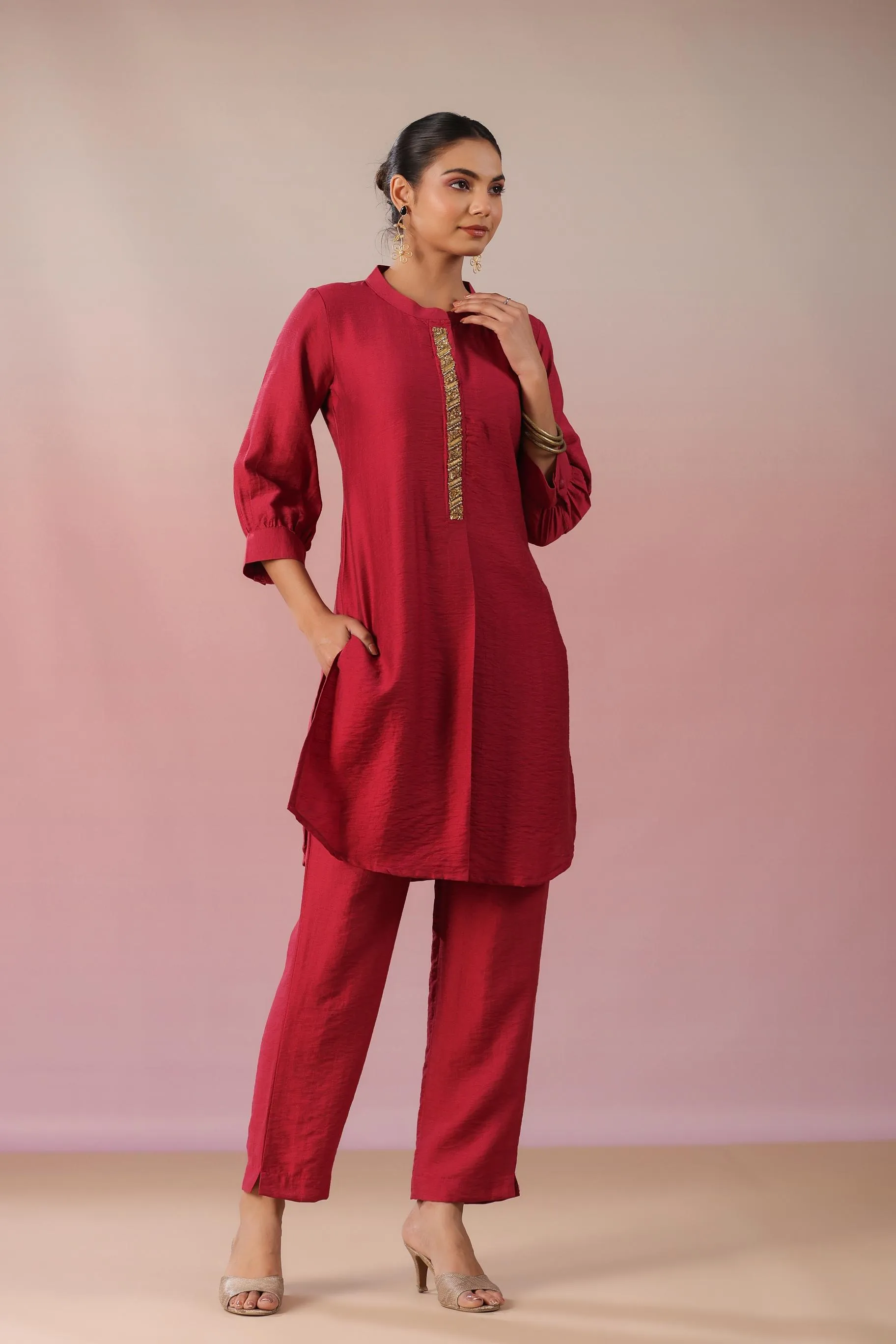 Cardinal Red Embellished Lotus Silk Co-Ord Set