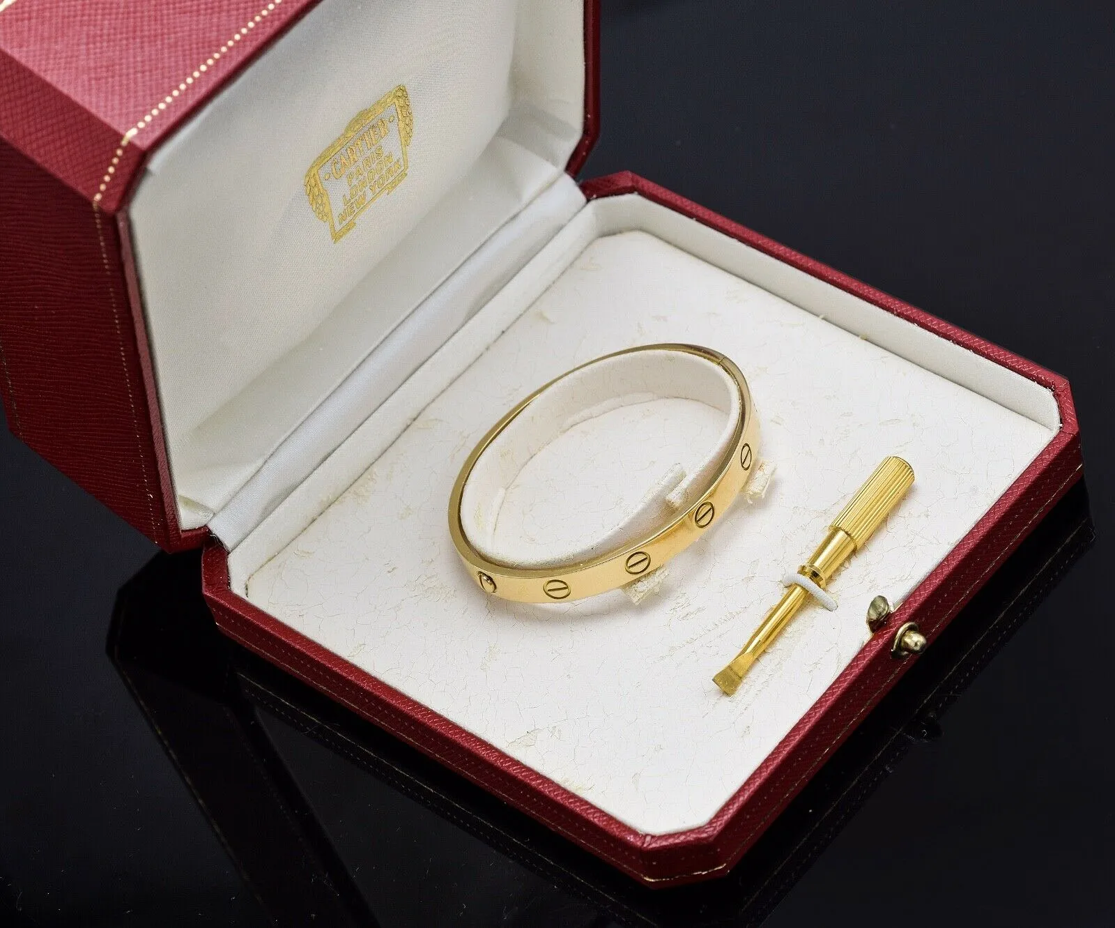 CARTIER 18K Yellow Gold Screw Love Bracelet Size 16   Box, Screwdriver 28.4Grams