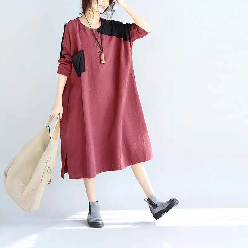 Casual Linen Women Split Spliced Red Dress