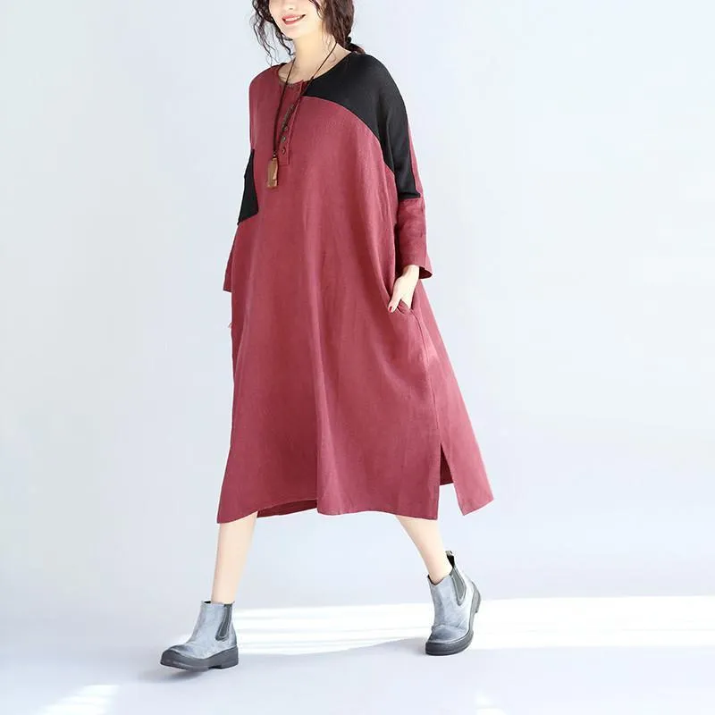 Casual Linen Women Split Spliced Red Dress