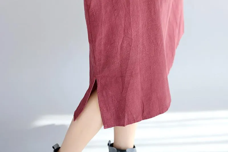 Casual Linen Women Split Spliced Red Dress