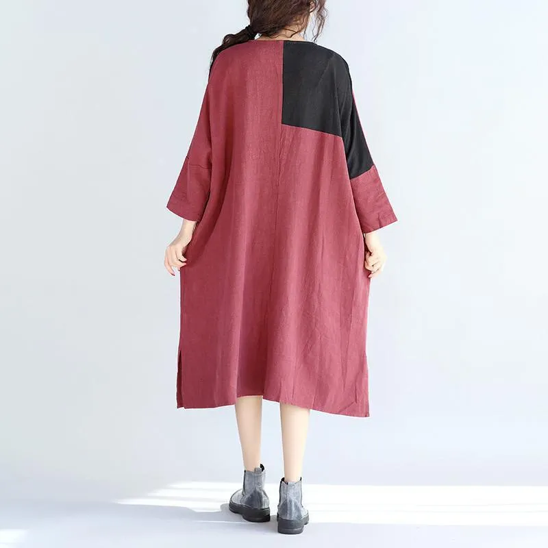 Casual Linen Women Split Spliced Red Dress