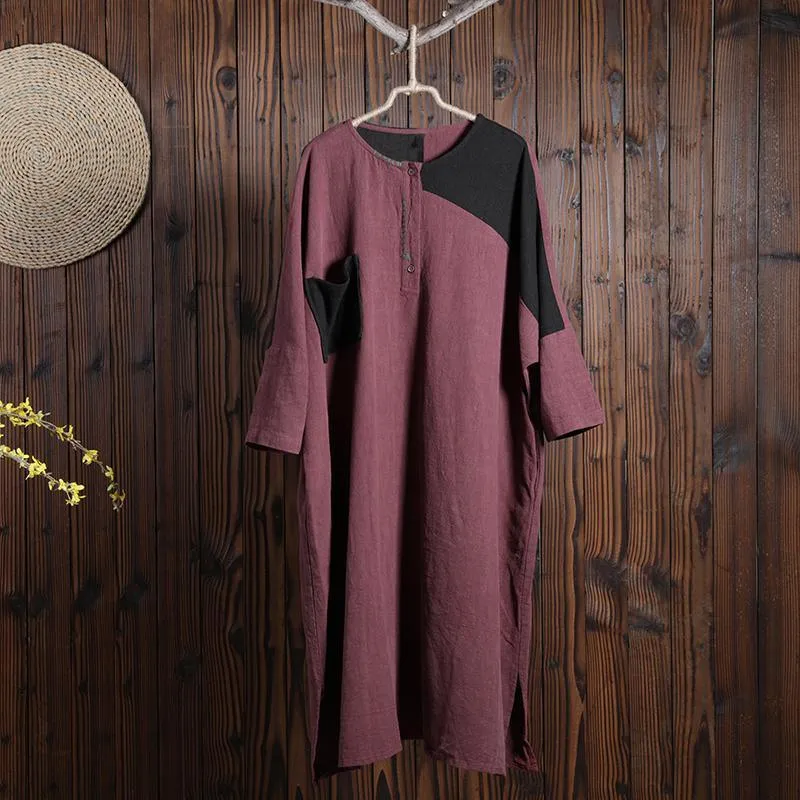 Casual Linen Women Split Spliced Red Dress