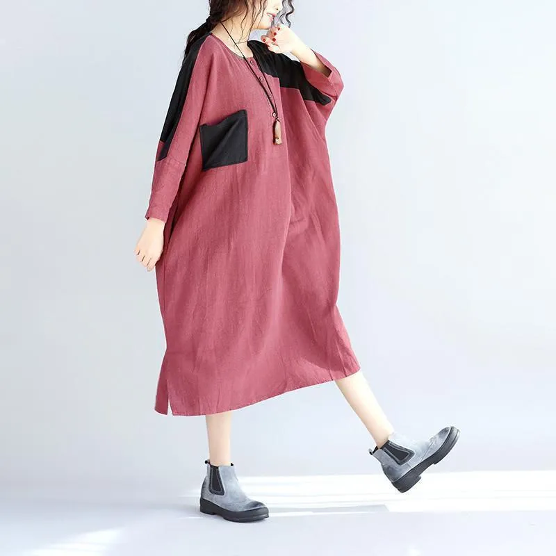 Casual Linen Women Split Spliced Red Dress