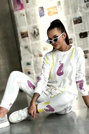 Completo casual sportivo bianco in ciniglia a stampa astratta multicolore