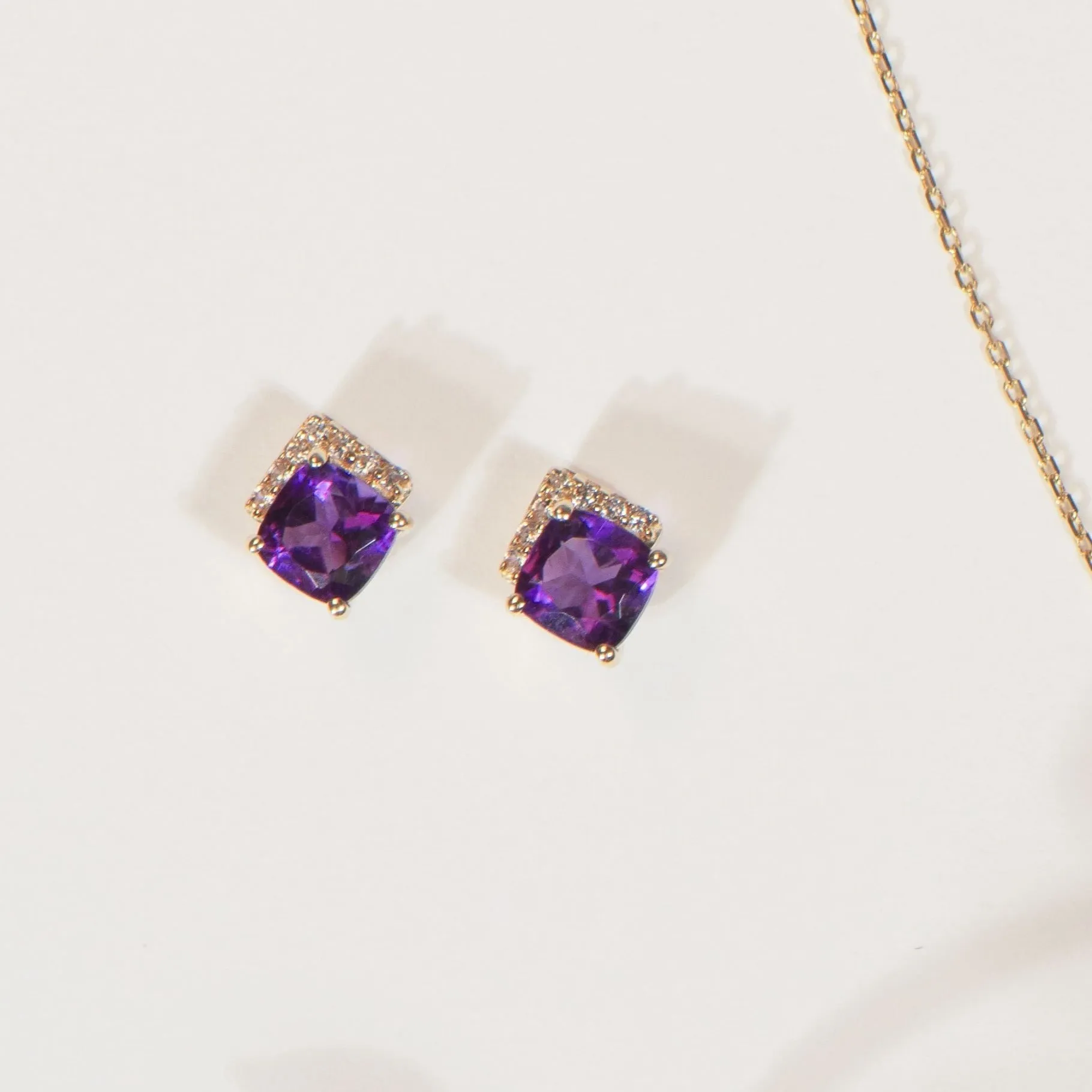 Cushion Cut Amethyst Studs with White Sapphire Pave Accent