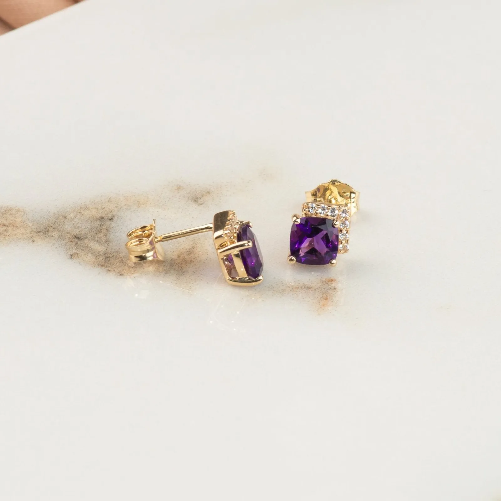 Cushion Cut Amethyst Studs with White Sapphire Pave Accent