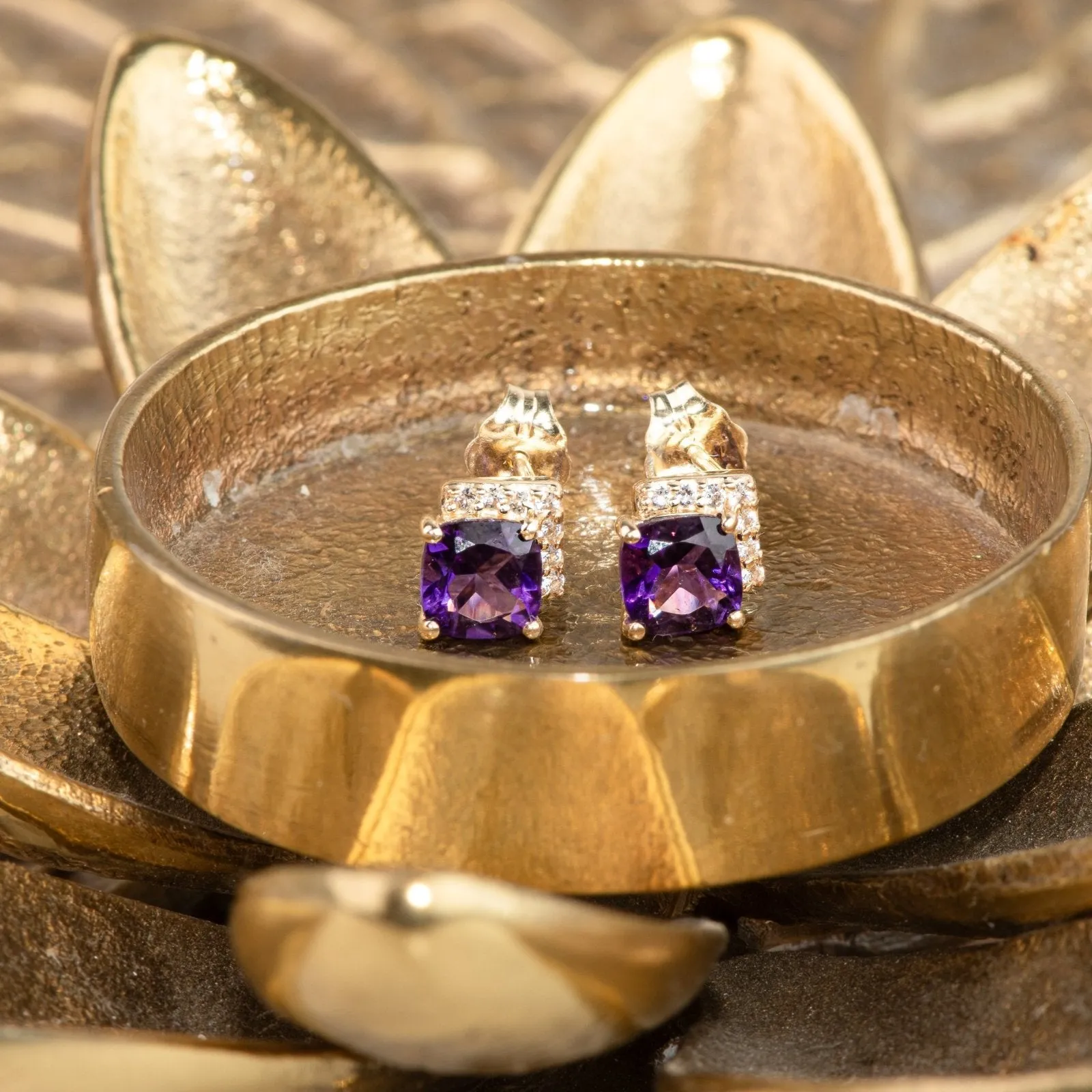 Cushion Cut Amethyst Studs with White Sapphire Pave Accent