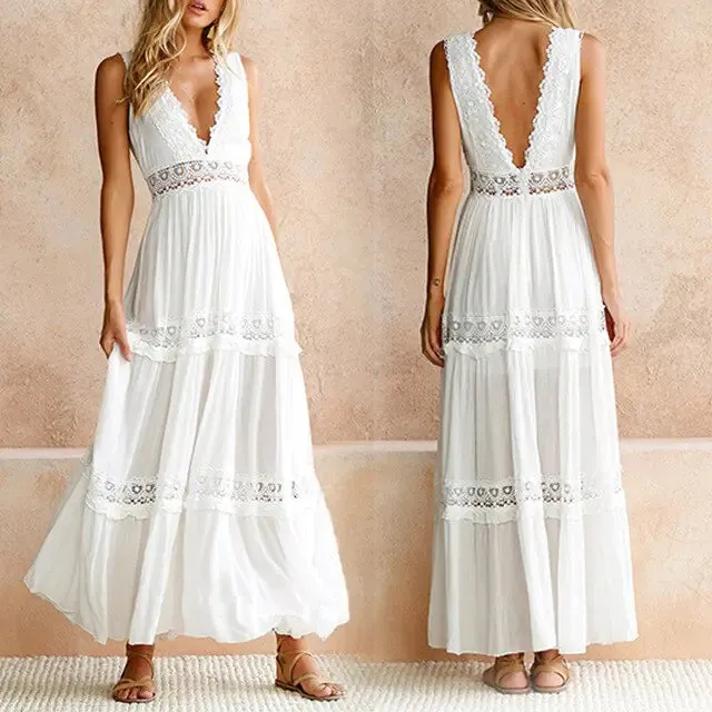 Deep V-Neck Lace Maxi Dress