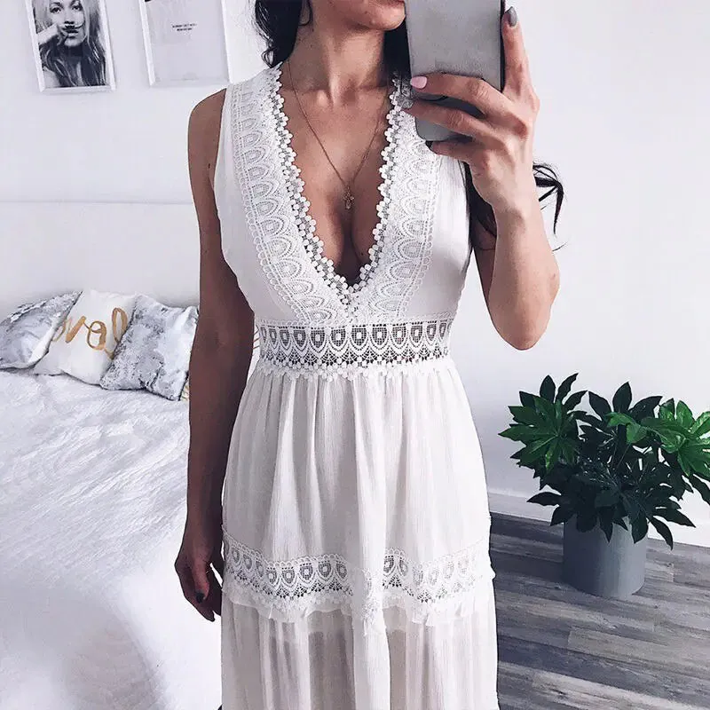 Deep V-Neck Lace Maxi Dress