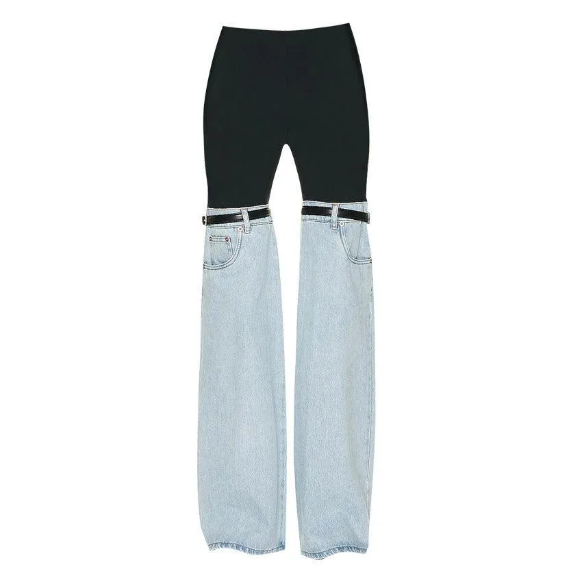 Design Sense Spliced Jeans High Waist Wide Leg