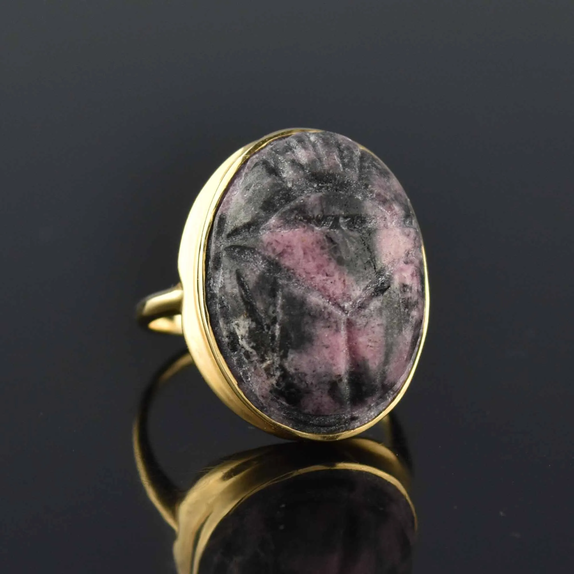 Egyptian Revival Rhodochrosite Scarab Beetle Ring in 14K Gold