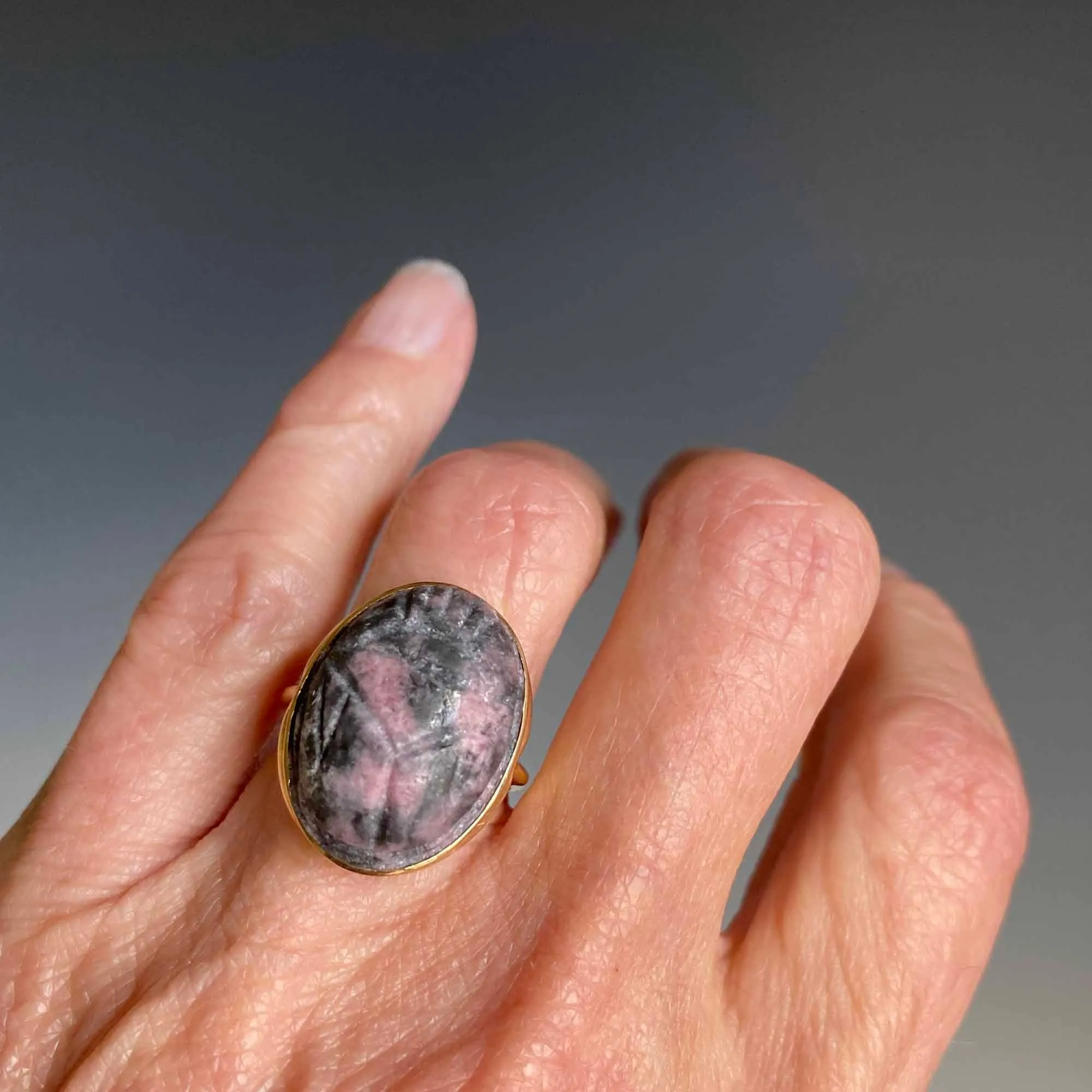 Egyptian Revival Rhodochrosite Scarab Beetle Ring in 14K Gold