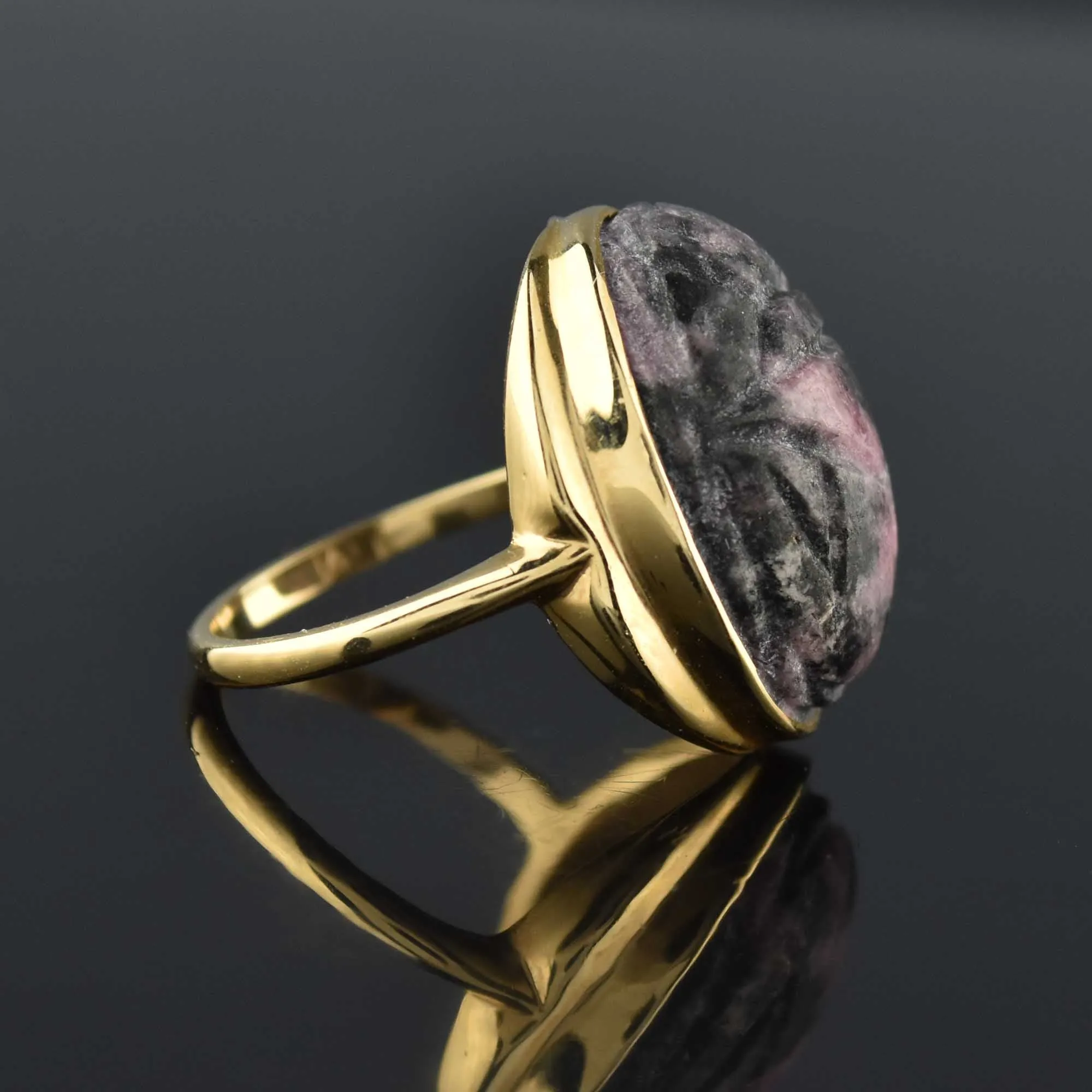 Egyptian Revival Rhodochrosite Scarab Beetle Ring in 14K Gold