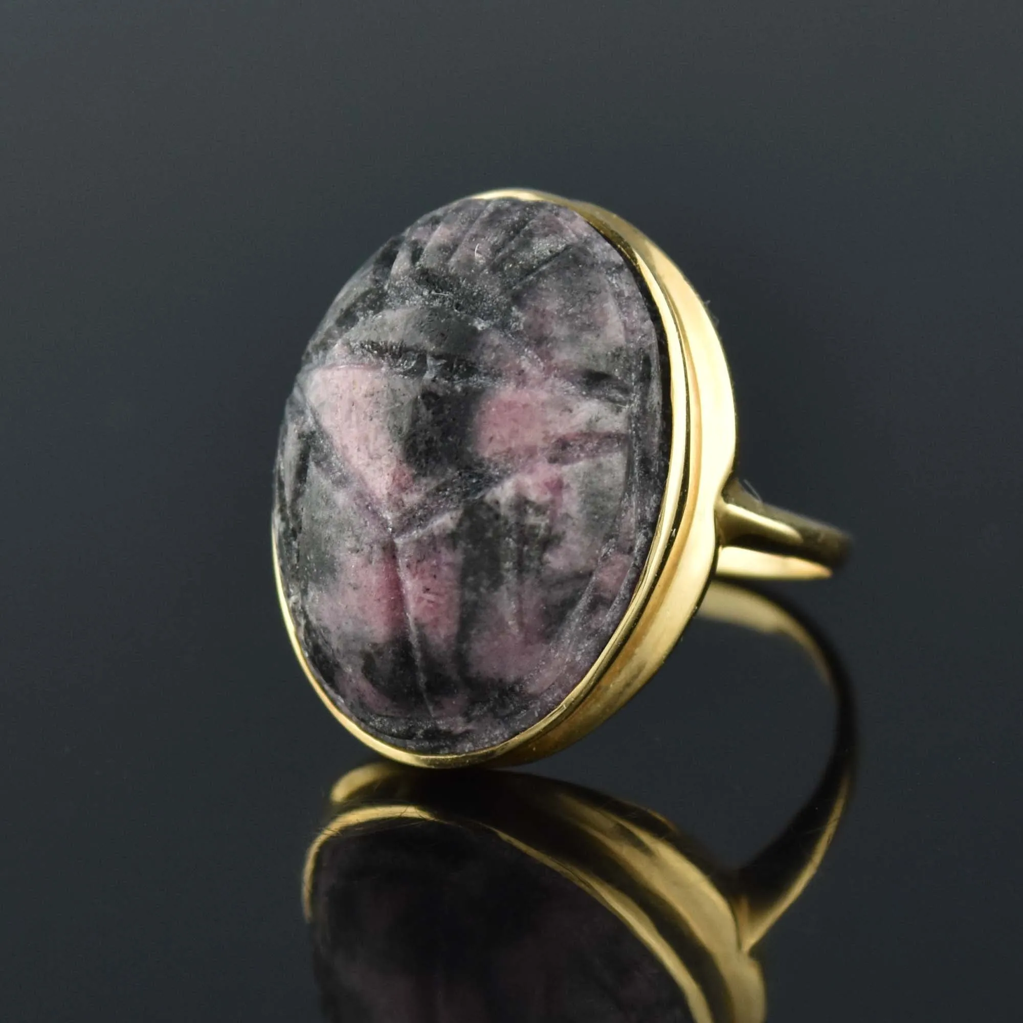 Egyptian Revival Rhodochrosite Scarab Beetle Ring in 14K Gold