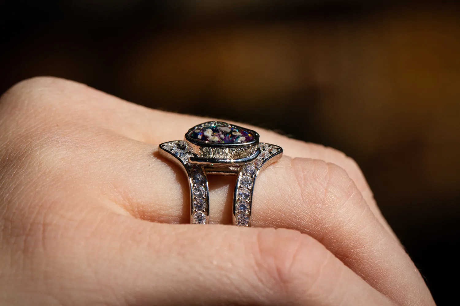 Embraced Opal Angel Wings Ring with Cremation Ash