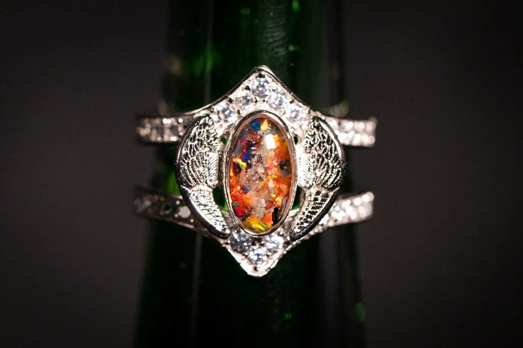 Embraced Opal Angel Wings Ring with Cremation Ash