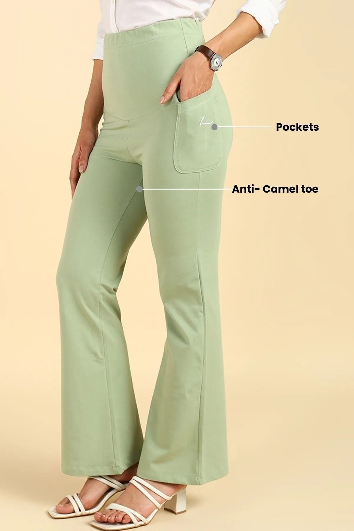 Fit & Flare Cotton Pistachio Green Maternity Pants (Pregnancy & Postpartum)