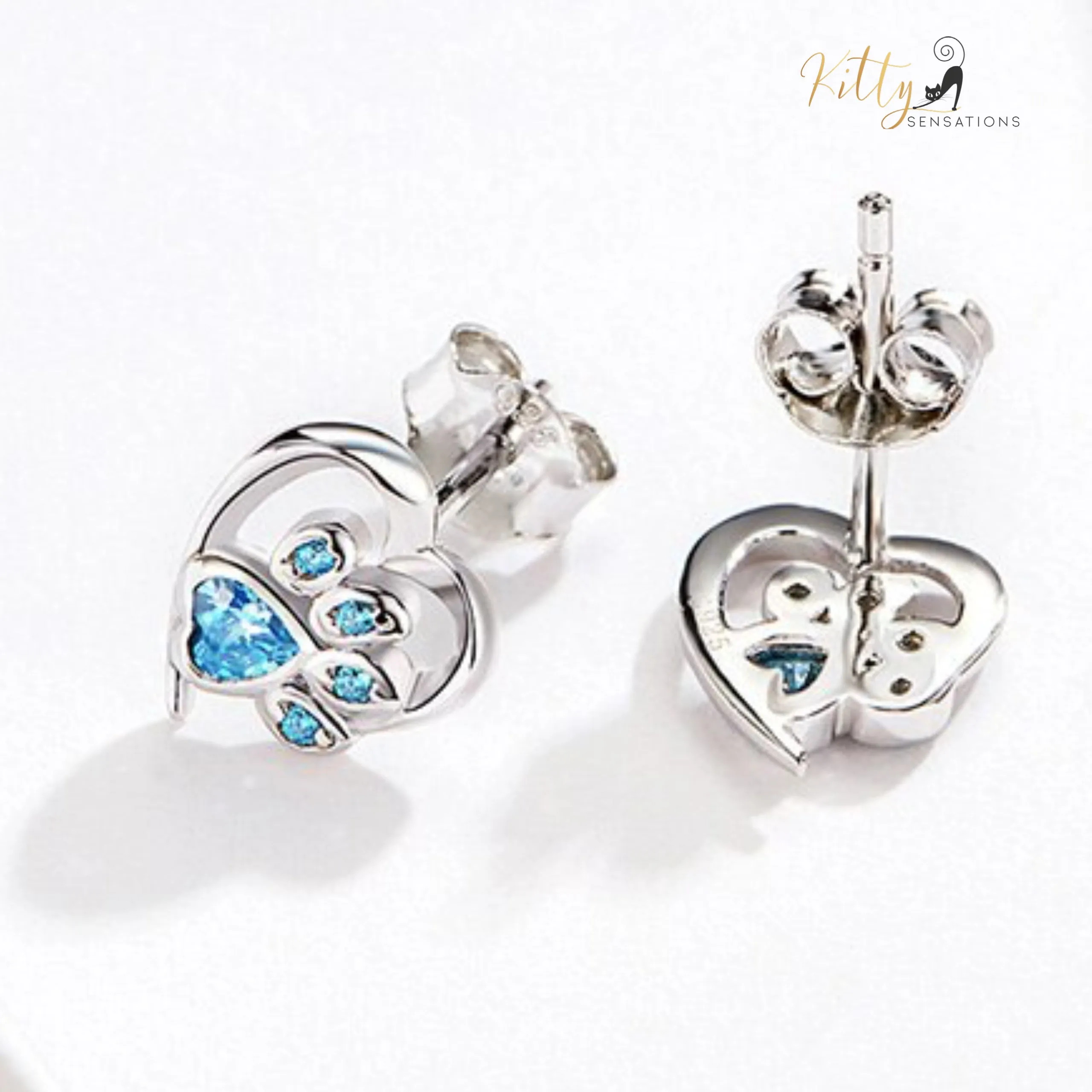 Heart Paw Cat Earrings in Solid 925 Sterling Silver (Platinum Plated)