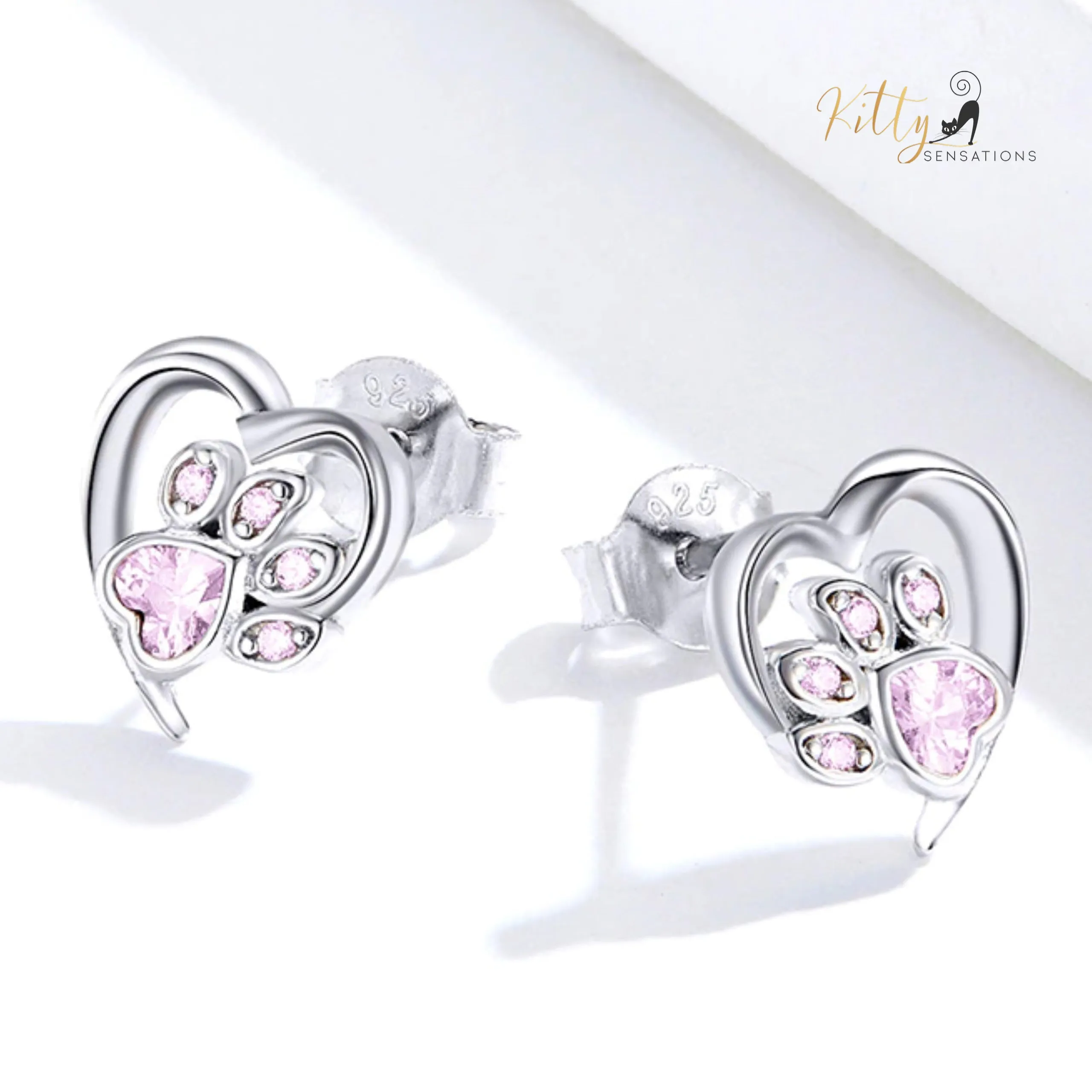 Heart Paw Cat Earrings in Solid 925 Sterling Silver (Platinum Plated)