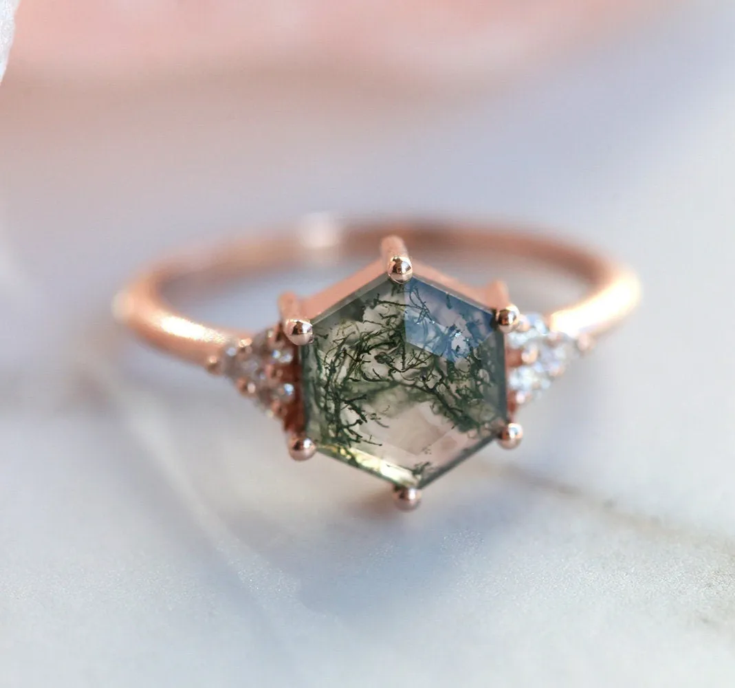 Klara Hexagon Moss Agate Ring With Diamonds