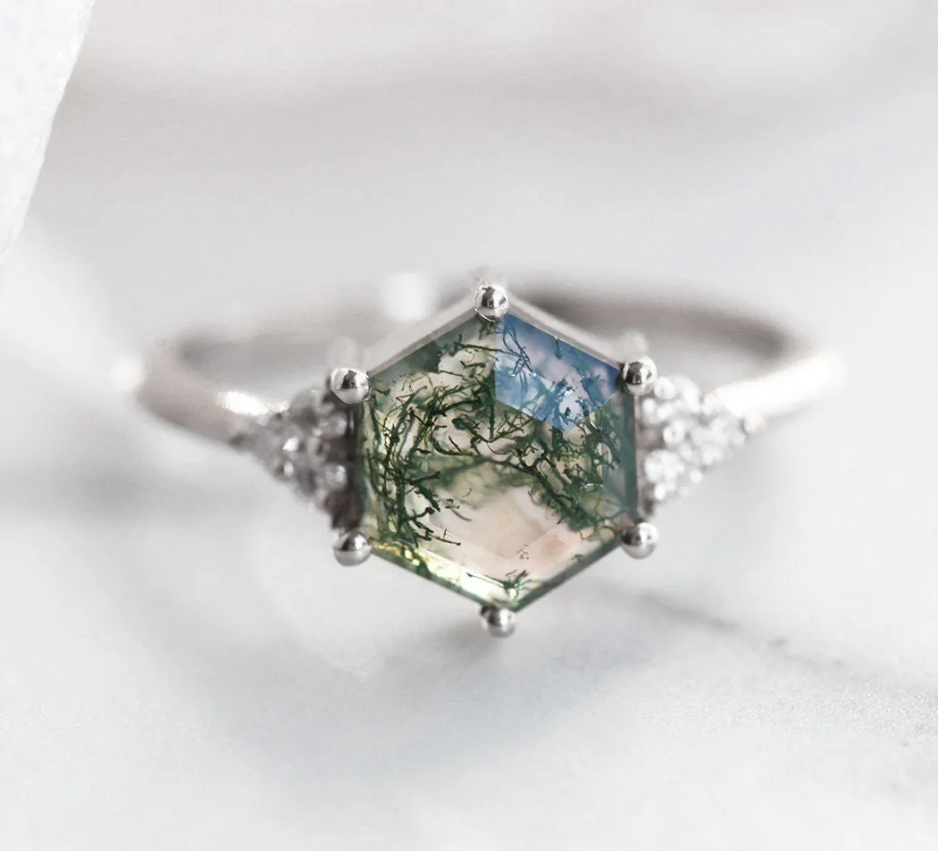 Klara Hexagon Moss Agate Ring With Diamonds