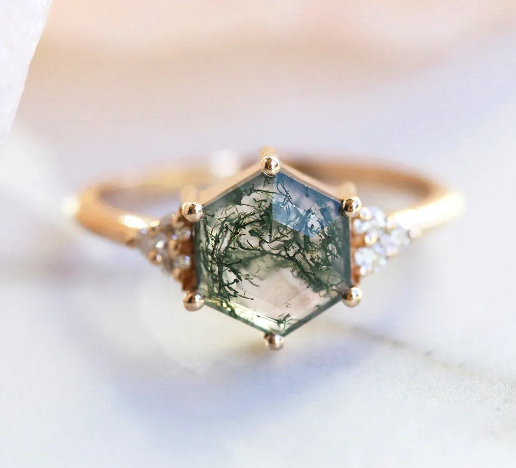 Klara Hexagon Moss Agate Ring With Diamonds