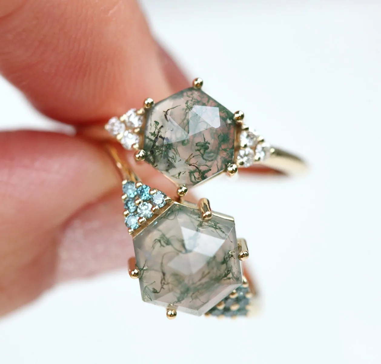 Klara Hexagon Moss Agate Ring With Diamonds