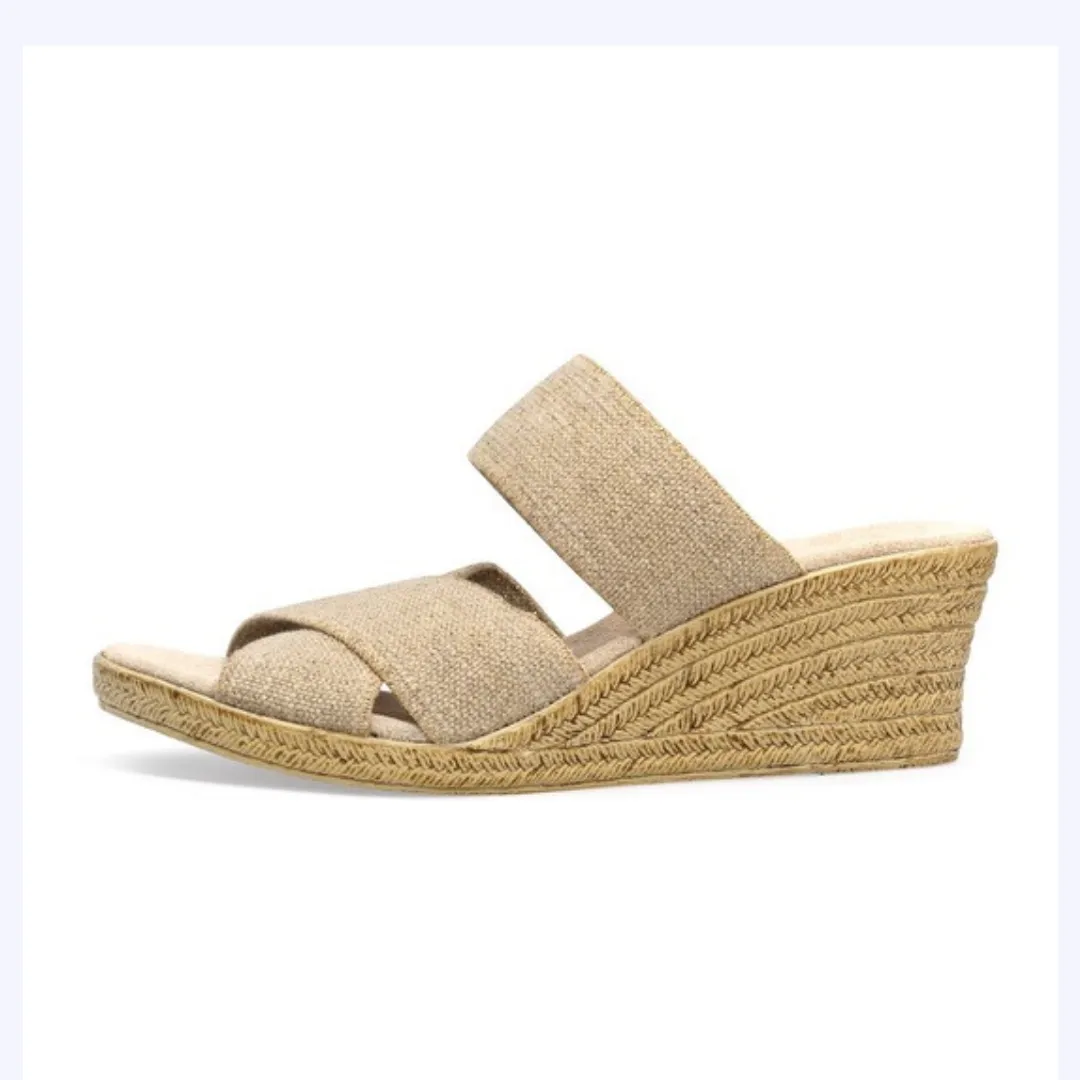 Linen Triple Strap Wedge With Gold Thread